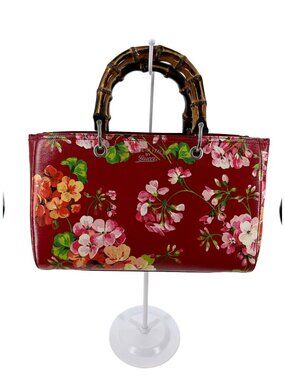 Gucci Bamboo Shopper Tote Medium Red Blooms Print Leather Bamboo Handle Bag